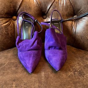 Zara ruffle-front ankle-wrap pumps